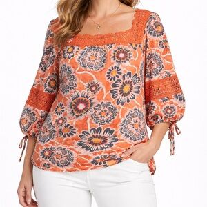 Zac & Rachel Orange Floral Blouse with Lace Accents